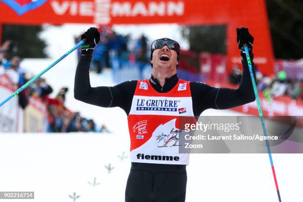Dario Cologna of Switzerland takes 1st place during the FIS Nordic World Cup Men's CC 9 km F Tour de ski on January 7, 2018 in Val di Fiemme, Italy.