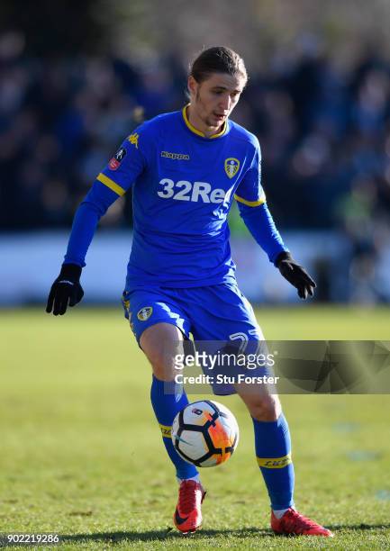 Leeds player Pawel Cibicki in action during The Emirates FA Cup Third Round match between Newport County and Leeds United at Rodney Parade on January...