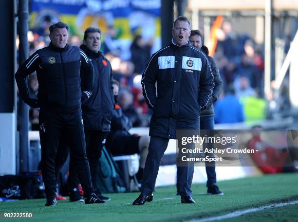 Newport County manager Michael Flynn shouts instructions during the game during the Emirates FA Cup Third Round match between Newport County and...