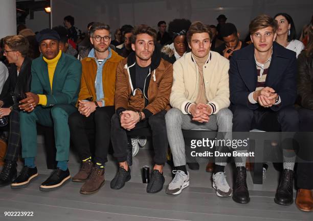 Eric Underwood, Darren Kennedy, Deano Bugatti, Oliver Cheshire and Toby Huntington-Whiteley attend the Christopher Raeburn show during London Fashion...