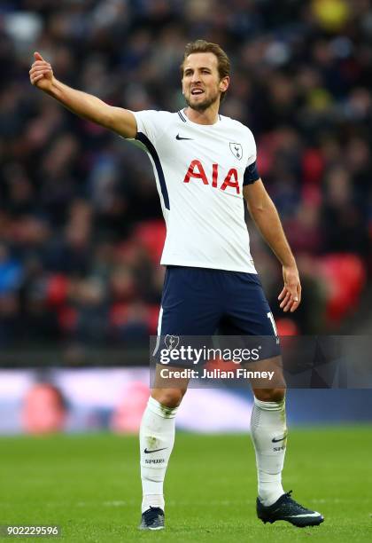 Harry Kane of Tottenham Hotspur reacts during The Emirates FA Cup Third Round match between Tottenham Hotspur and AFC Wimbledon at Wembley Stadium on...