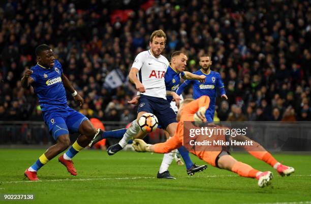 Harry Kane of Tottenham Hotspur scores the opening goal during The Emirates FA Cup Third Round match between Tottenham Hotspur and AFC Wimbledon at...