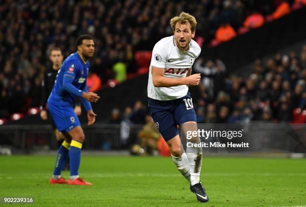 Harry Kane of Tottenham Hotspur celebrates scoring his side's second goal during The Emirates FA Cup Third Round match between Tottenham Hotspur and...