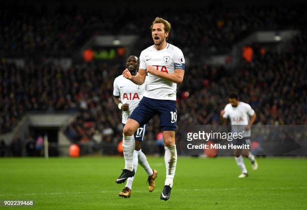 Harry Kane of Tottenham Hotspur celebrates scoring his side's second goal during The Emirates FA Cup Third Round match between Tottenham Hotspur and...