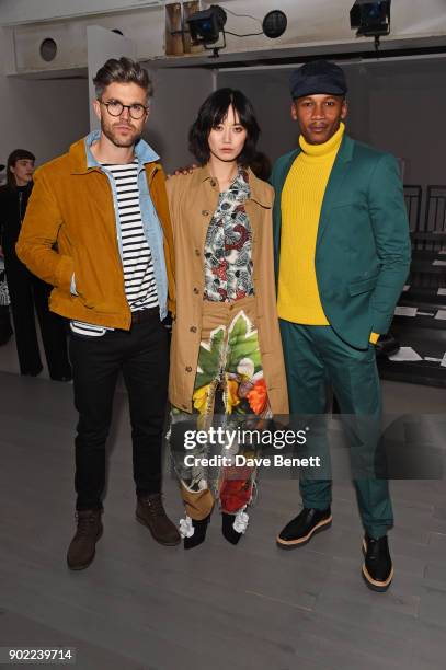 Darren Kennedy, Betty Bachz and Eric Underwood attend the Alex Mullins show during London Fashion Week Men's January 2018 at BFC Show Space on...