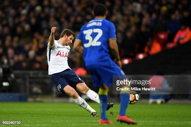 Jan Vertonghen of Tottenham Hotspur scores the third Tottenham goal during The Emirates FA Cup Third Round match between Tottenham Hotspur and AFC...