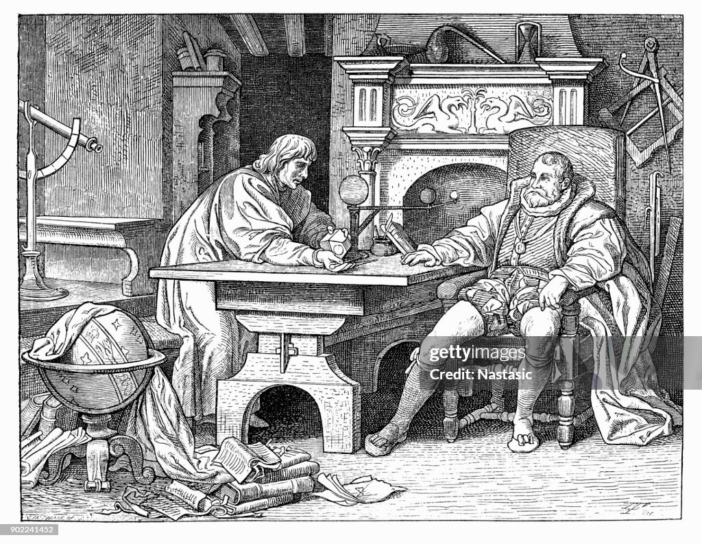 Johannes Kepler discussing his discoveries with Holy Roman Emperor Rudolf II.