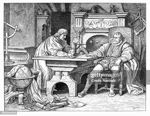 johannes kepler discussing his discoveries with holy roman emperor rudolf ii. - johannes kepler stock illustrations