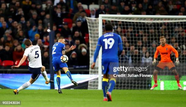 Jan Vertonghen of Tottenham Hotspur scores the third Tottenham goal during The Emirates FA Cup Third Round match between Tottenham Hotspur and AFC...