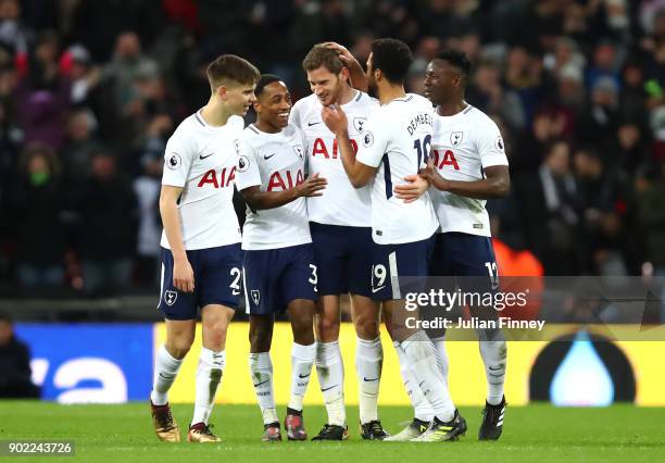Jan Vertonghen of Tottenham Hotspur celebrates scoring the third Tottenham goal during The Emirates FA Cup Third Round match between Tottenham...