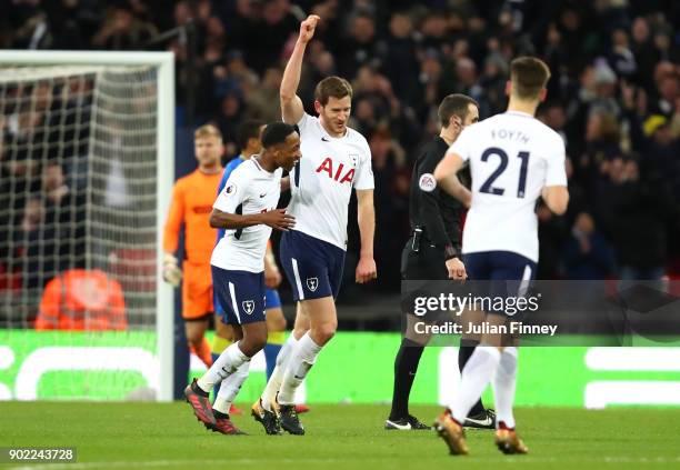 Jan Vertonghen of Tottenham Hotspur celebrates scoring the third Tottenham goal during The Emirates FA Cup Third Round match between Tottenham...