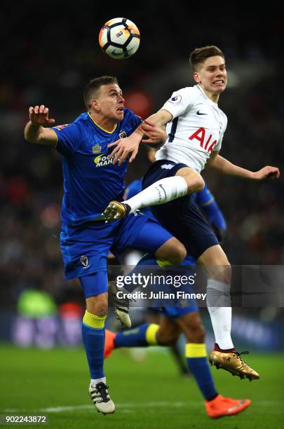 Cody McDonald of AFC Wimbledon and Juan Foyth of Tottenham Hotspur fight for the header during The Emirates FA Cup Third Round match between...