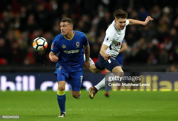 Cody McDonald of AFC Wimbledon and Juan Foyth of Tottenham Hotspur battle for possession during The Emirates FA Cup Third Round match between...