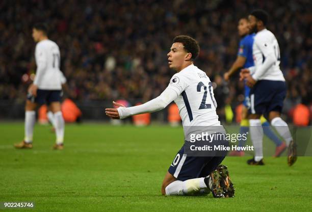 Dele Alli of Tottenham Hotspur reacts during The Emirates FA Cup Third Round match between Tottenham Hotspur and AFC Wimbledon at Wembley Stadium on...