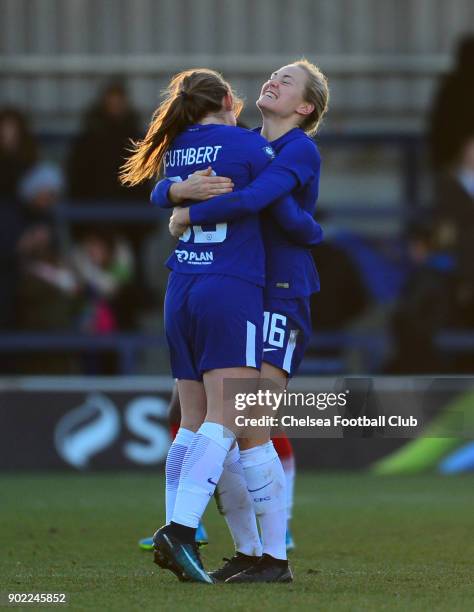 Magdalene Eriksson of Chelsea celebrates with team mate Erin Cuthbert her teams win after a WSL match between Chelsea Ladies and Arsenal Women at The...