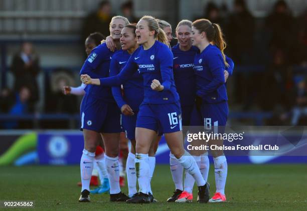 Magdalene Eriksson celebrates her teams win after a WSL match between Chelsea Ladies and Arsenal Women at The Cherry Red Records Stadium on January...