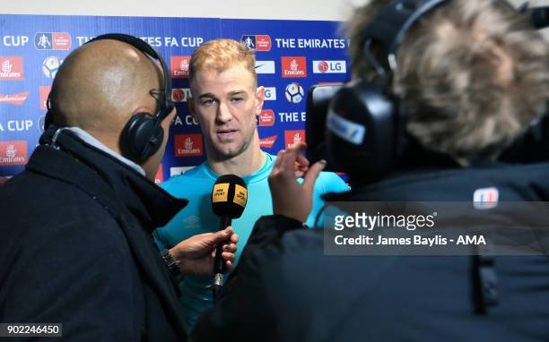 Joe Hart of West Ham United is interviewed by Match of the Day after The Emirates FA Cup Third Round between Shrewsbury Town and West Ham United at...