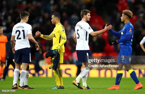 Jan Vertonghen of Tottenham Hotspur and Lyle Taylor of AFC Wimbledon shake hands following The Emirates FA Cup Third Round match between Tottenham...