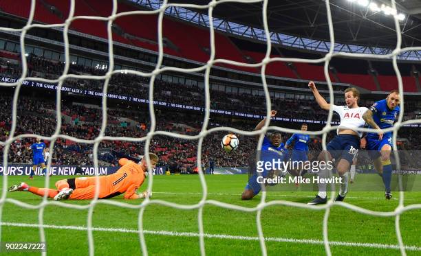 Harry Kane of Tottenham Hotspur scores his side's first goal during The Emirates FA Cup Third Round match between Tottenham Hotspur and AFC Wimbledon...