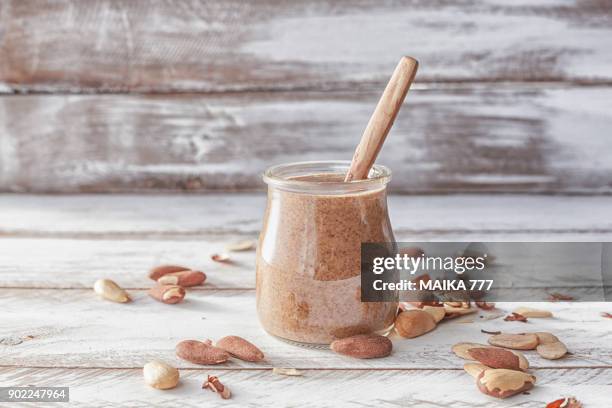 homemade almond butter - almond butter smoothie stock pictures, royalty-free photos & images