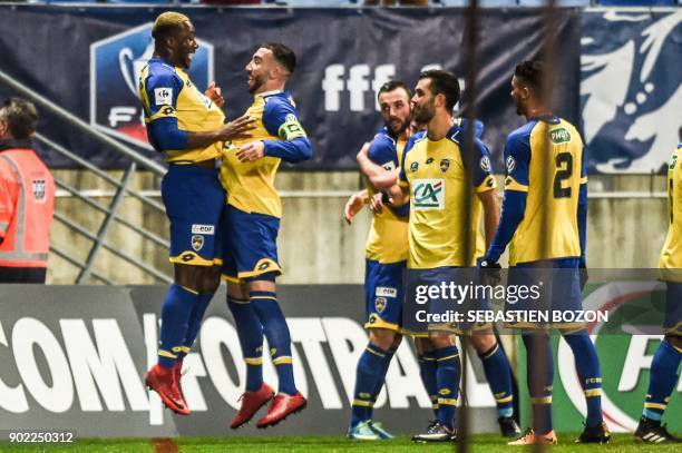Sochaux French forward Yakou Meite celebrates after scoring a goal during the French Cup football match between Sochaux vs Amiens at the Auguste...