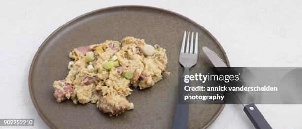 served pressure-cooked ham and melted cheese pudding. - egg casserole stock pictures, royalty-free photos & images
