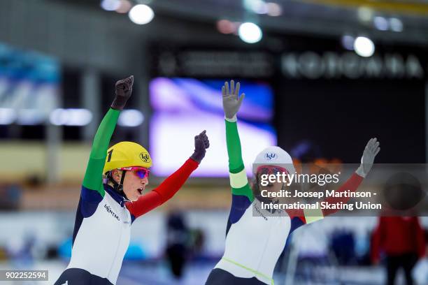 Francesca Lollobrigida and Francesca Bettrone of Italy celebrate in the Ladies Mass Start during day three of the European Speed Skating...