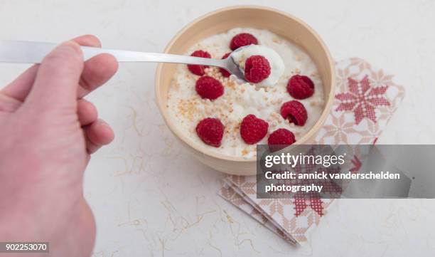 yogurt garnished with raspberries, puffed quinoa and coconut blossom sugar. - 2017 243 stock pictures, royalty-free photos & images