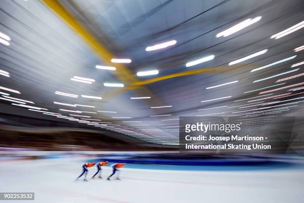Team Netherlands compete in the Men's Team Pursuit during day three of the European Speed Skating Championships at the Moscow Region Speed Skating...