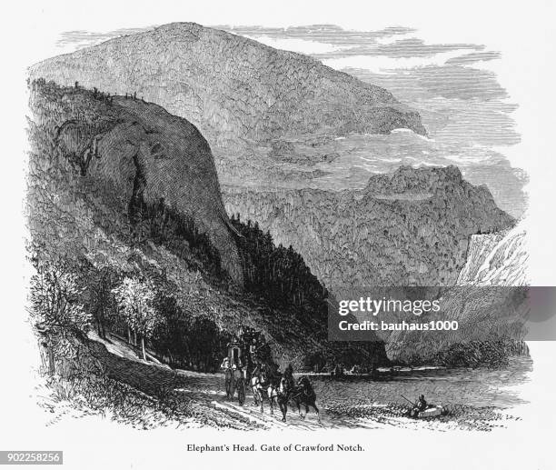 elefantenkopf, tor der crawford notch, weisse berge, neue hampshire, usa, amerikanische viktorianischen gravur, 1872 - crawford notch stock-grafiken, -clipart, -cartoons und -symbole