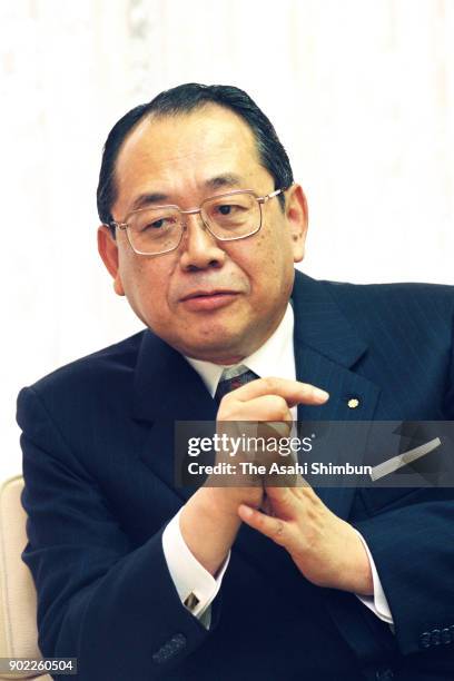 Soka Gakkai President Einosuke Akiya speaks during the Asahi Shimbun interview on October 31, 1992 in Tokyo, Japan.