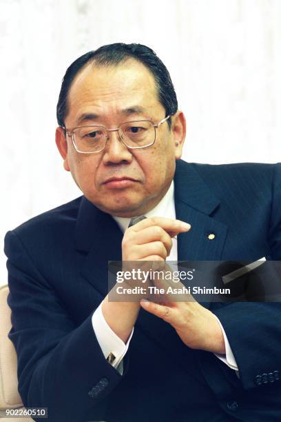 Soka Gakkai President Einosuke Akiya speaks during the Asahi Shimbun interview on October 31, 1992 in Tokyo, Japan.