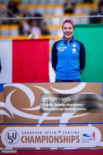 Francesca Lollobrigida reacts in the Ladies Mass Start medal ceremony during day three of the European Speed Skating Championships at the Moscow...