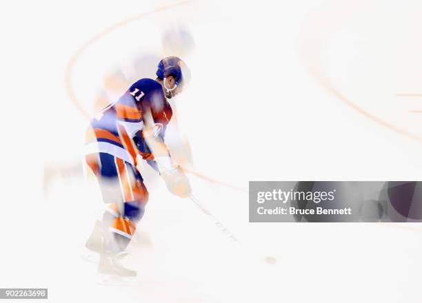 Shane Prince of the New York Islanders skates in warm-ups prior to the game against the New Jersey Devils at the Barclays Center on January 7, 2018...