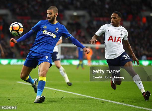 George Francomb of AFC Wimbledon battles with Kyle Walker-Peters of Spurs during The Emirates FA Cup Third Round match between Tottenham Hotspur and...