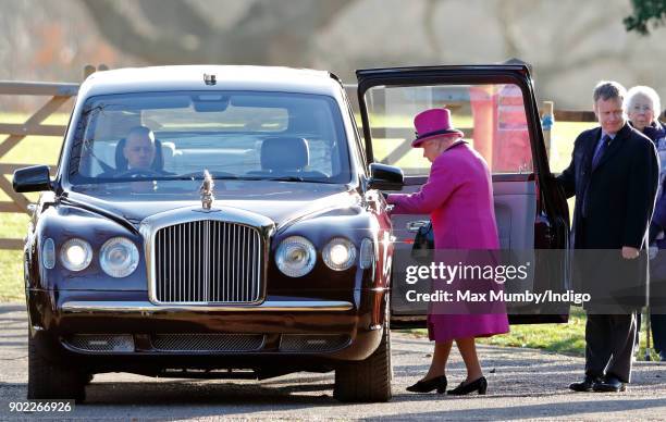 Queen Elizabeth II departs after attending Sunday service at St Mary Magdalene Church, Sandringham on January 7, 2018 in King's Lynn, England.