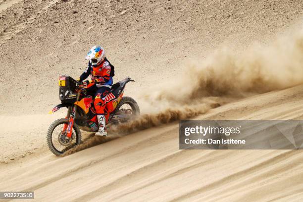 Sam Sunderland of Great Britain and KTM rides a 450 Rally Replica KTM bike in the Elite ASO during stage two of the 2018 Dakar Rally, a loop stage to...