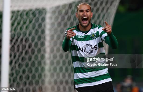 Sporting CP forward Bas Dost from Holland celebrates after scoring a goal during the Primeira Liga match between Sporting CP and CS Maritimo at...