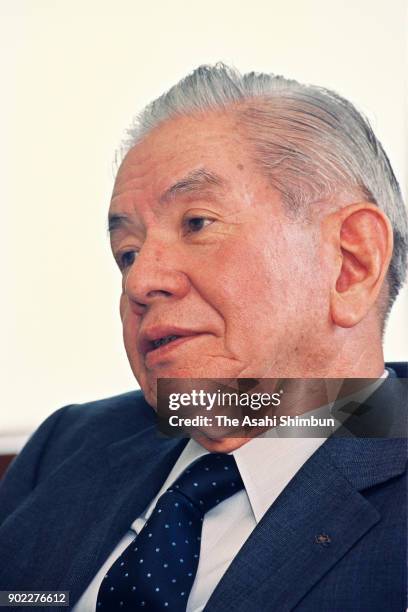 Japan Association of Corporate Executives Chairman Masaru Hayami speaks during the Asahi Shimbun interview on October 30, 1992 in Tokyo, Japan.