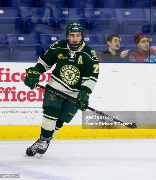 Anthony Petruzzelli of the Vermont Catamounts warms up before a game against the Massachusetts Lowell River Hawks during NCAA men's hockey at the...