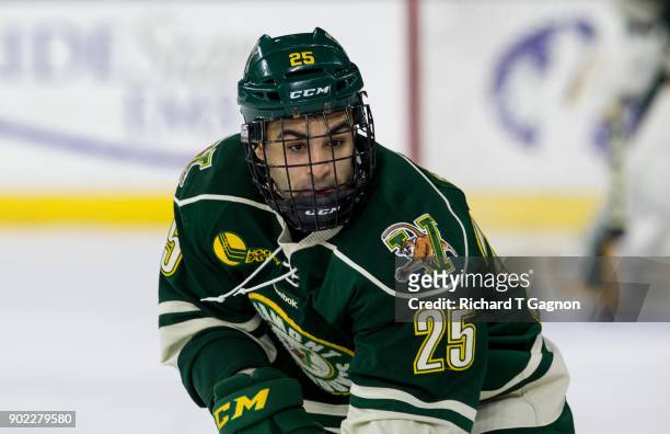 Matt Alvaro of the Vermont Catamounts skates against the Massachusetts Lowell River Hawks during NCAA men's hockey at the Tsongas Center on January...