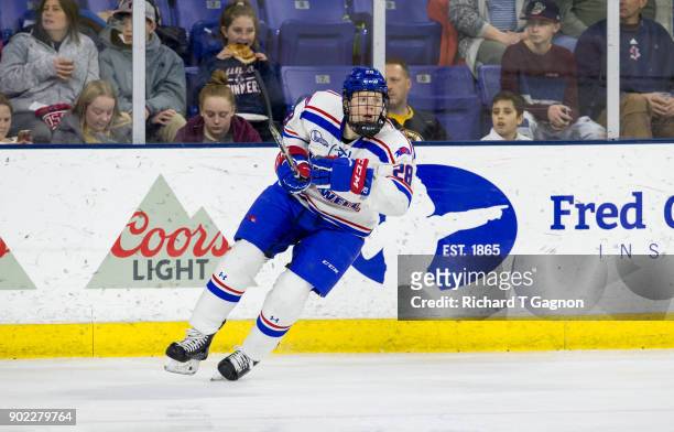 Connor Sodergren of the Massachusetts Lowell River Hawks skates against the Vermont Catamounts during NCAA men's hockey at the Tsongas Center on...