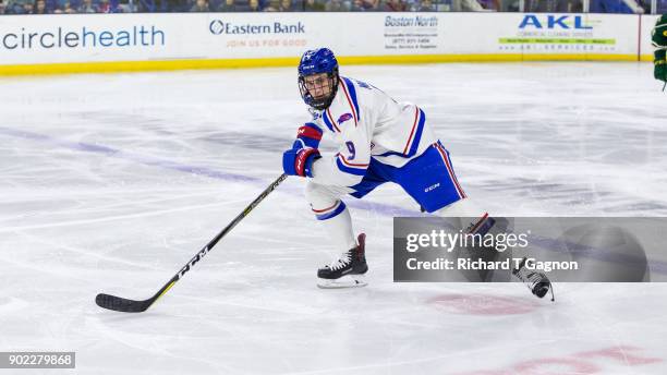 Nick Master of the Massachusetts Lowell River Hawks skates against the Vermont Catamounts during NCAA men's hockey at the Tsongas Center on January...