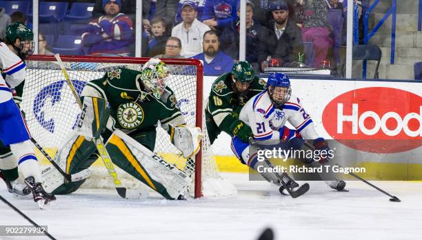 Jake Kamrass of the Massachusetts Lowell River Hawks skates against the Vermont Catamounts during NCAA men's hockey at the Tsongas Center on January...