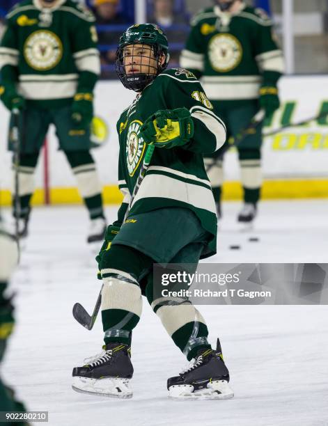 Matt O"'Donnell of the Vermont Catamounts warms up before a game against the Massachusetts Lowell River Hawks during NCAA men's hockey at the Tsongas...