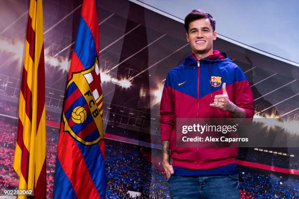 Philippe Coutinho poses prior to signing his new contract with FC Barcelona at Camp Nou on January 7, 2018 in Barcelona, Spain. The Brazilian player...