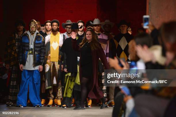 Designer Astrid Andersen and models on the runway at the Astrid Andersen show during London Fashion Week Men's January 2018 at Old Selfridges Hotel...