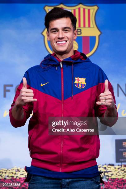 Philippe Coutinho poses prior to signing his new contract with FC Barcelona at Camp Nou on January 7, 2018 in Barcelona, Spain. The Brazilian player...
