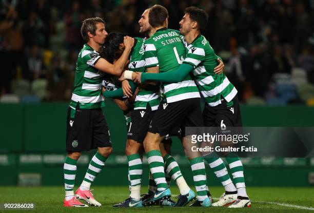 Sporting CPÕs forward Bryan Ruiz from Costa Rica celebrates with teammates after scoring a goal during the Primeira Liga match between Sporting CP...