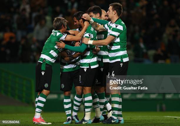 Sporting CPÕs forward Bryan Ruiz from Costa Rica celebrates with teammates after scoring a goal during the Primeira Liga match between Sporting CP...